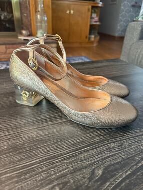 Alexander McQueen Floating Skull Lucite Heel Metallic Gold Pumps Size 38.5